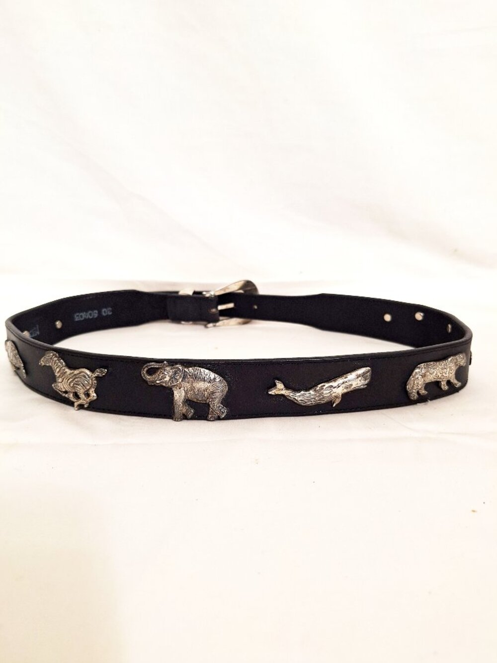 HONEST Company Metal Animal Belt Sz 30 M/L Black Leather Vintage 1991
